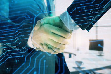 İki işadamı el sıkışma ile ofis arka plan çizim iş teması çift pozlama. Konsept iş