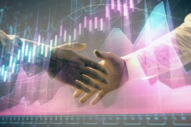 İki işadamı el sıkışması ile soyut arka planda Forex grafik Multi pozlama. Hisse senedi piyasasında başarı kavramı