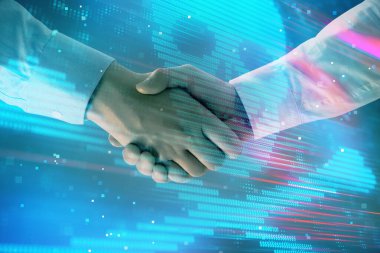 İki erkek el sıkışması ile soyut arka planda çizim Hack Multi pozlama. Veri siber korsanlık kavramı