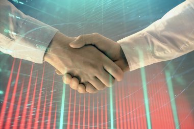 İki işadamı el sıkışması ile soyut arka planda Forex grafik Multi pozlama. Hisse senedi piyasasında başarı kavramı