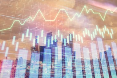 Şehir veiw arka planda mali grafik çift pozlama. Hisse senedi piyasası araştırma ve analiz kavramı