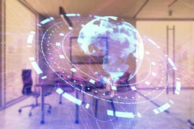 Dünya haritası hologramı ve minimalist kabine iç planı. Çifte maruziyet. Uluslararası iş kavramı.