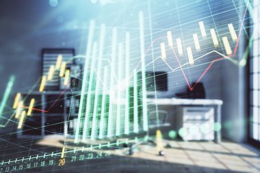 Minimalist kabine iç arka plan ile Forex grafik hologram. Çift pozlama. Hisse senedi piyasası konsepti.
