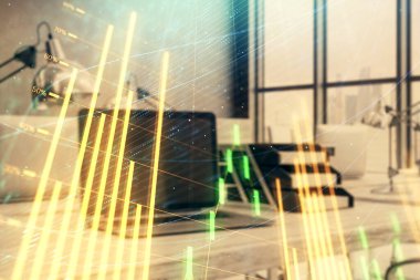 Masaüstü Ofis bilgisayar arka plan ile Forex grafik hologram. Çift pozlama. Finansal analiz konsepti.