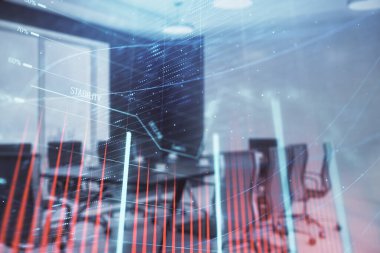 Konferans odası arka planda Forex çizelgesine çift pozlama. Hisse senedi piyasası analizi konsepti