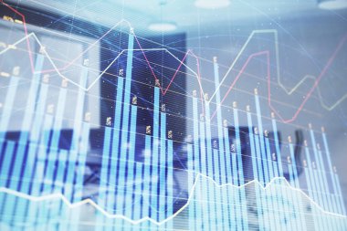 Konferans odası arka planda Forex çizelgesine çift pozlama. Hisse senedi piyasası analizi konsepti
