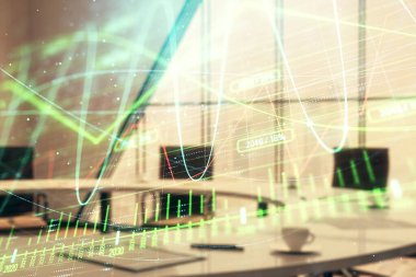 Konferans odası arka planda Forex çizelgesine çift pozlama. Hisse senedi piyasası analizi konsepti