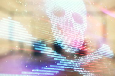 Konferans odası arka planda hack tema hologram çift pozlama. Siber korsanlık kavramı