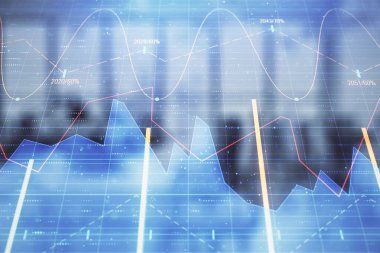 Arka planda ticaret masası banka Ofisi İç ile stok ve tahvil piyasa grafiği. Çok pozlama. Finansal analiz konsepti