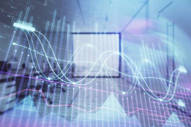 Ticaret masası banka ofisi iç arka planda stok piyasa şeması. Çift pozlama. Finansal analiz konsepti