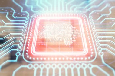 Arka planda ofis iç ile insan beyni çizim. Çift pozlama. Yenilik konsepti.