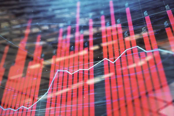 Ologramma grafico finanziario con sfondo astratto. Doppia esposizione. Concetto di analisi di mercato — Foto Stock