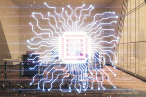 Doppelbelichtung des hirngezeichneten Hologramms auf dem Konferenzraum-Hintergrund. Konzept der Datenanalyse — Stockfoto