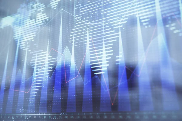 Двойная экспозиция графика фондового рынка с глобусной голограммой на фоне конференц-зала. Концепция международных финансов — стоковое фото