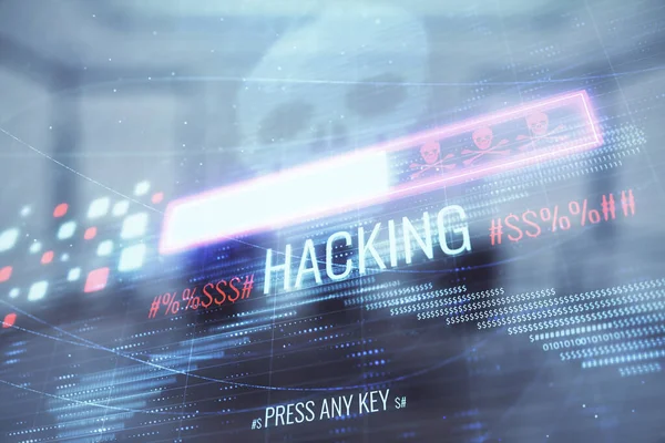 Konferans odası arka planda hack tema hologram çift pozlama. Siber korsanlık kavramı