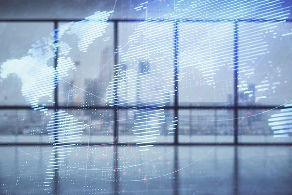 Boş oda içi arka planında dünya haritası çift pozlama. Uluslararası ağ kavramı.