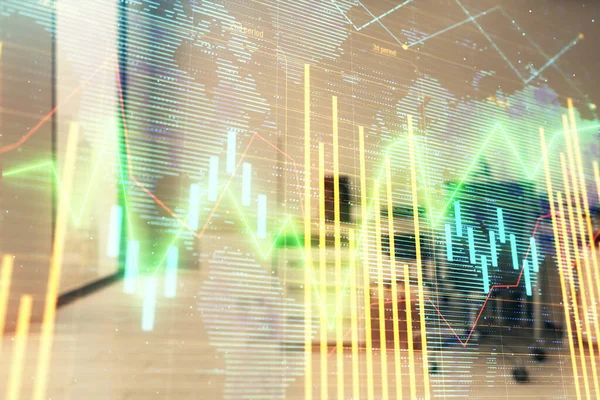 Stock and bond market graph and world map with trading desk bank office interior on background. Multi exposure. Concept of international finance