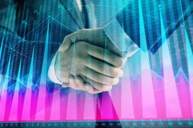 İki işadamı el sıkışması ile soyut arka planda Forex grafik Multi pozlama. Hisse senedi piyasasında başarı kavramı