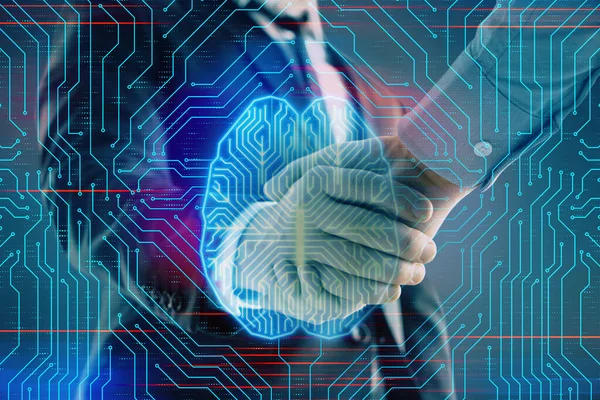 İki erkek el sıkışması ile soyut arka plan üzerinde insan beyni çizim Multi pozlama. İş içinde veri teknolojisi kavramı