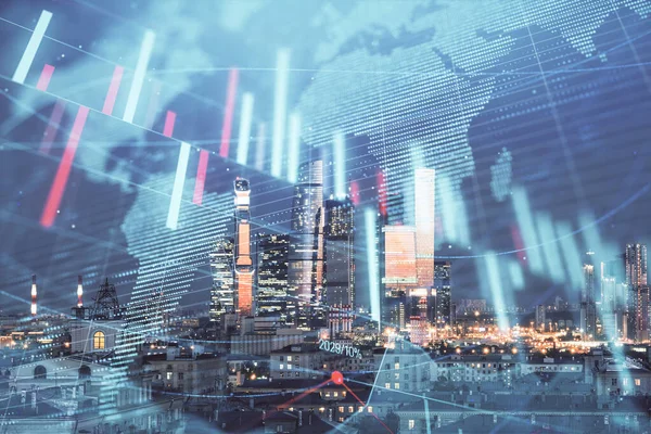 Finansal grafiğe ve şehir arka planındaki dünya haritasına iki kez maruz kalmış. Finansal piyasa araştırma ve analizi kavramı