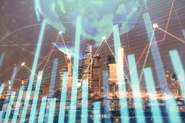 Finansal grafiğe ve şehir arka planındaki dünya haritasına iki kez maruz kalmış. Finansal piyasa araştırma ve analizi kavramı