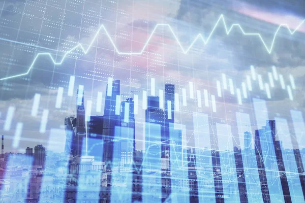Şehir veiw arka planda mali grafik çift pozlama. Hisse senedi piyasası araştırma ve analiz kavramı