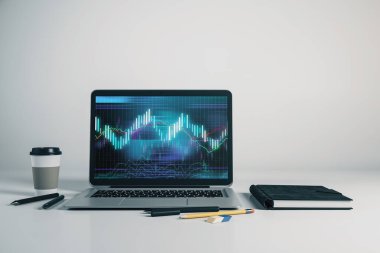 Bilgisayar ekranında Forex grafiği ile dizüstü çekim. Finansal ticaret ve eğitim konsepti. 3B işleme.