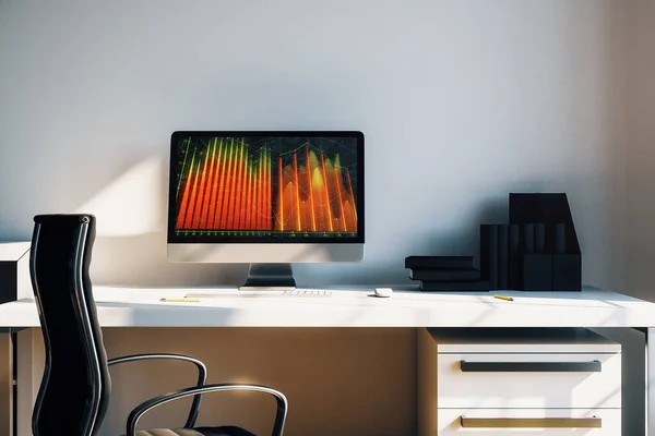 Interior de escritorio del gabinete con gráficos y gráficos financieros en la pantalla del ordenador. Concepto de análisis y negociación bursátil. renderizado 3d . —  Fotos de Stock