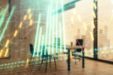 Minimalist kabine iç arka plan ile iş teması grafik hologram. Çift pozlama. Hisse senedi piyasası konsepti.