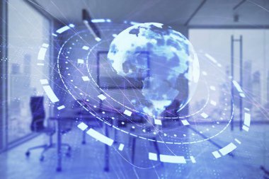 Dünya haritası hologramı ve minimalist kabine iç planı. Çifte maruziyet. Uluslararası iş kavramı.