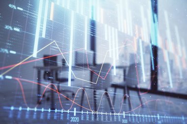 Minimalist kabine iç arka plan ile Forex grafik hologram. Çift pozlama. Hisse senedi piyasası konsepti.