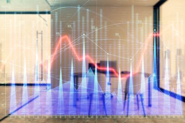 Minimalist kabine iç arka plan ile Forex grafik hologram. Çift pozlama. Hisse senedi piyasası konsepti.