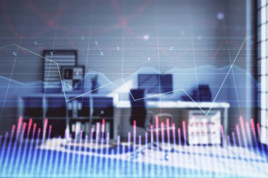 Minimalist kabine iç arka plan ile Forex grafik hologram. Çift pozlama. Hisse senedi piyasası konsepti.