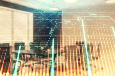 Konferans odası arka planda Forex çizelgesine çift pozlama. Hisse senedi piyasası analizi konsepti