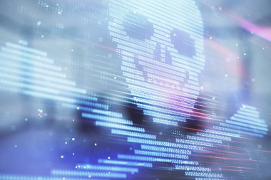 Konferans odası arka planda hack tema hologram çift pozlama. Siber korsanlık kavramı