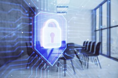 Konferans odası arka planında kilit simgesi hologramının çift pozlaması. Siber güvenlik kavramı