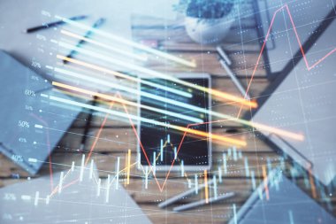 Masa arka planda döşeme dijital tablet üzerinde Forex grafik çift pozlama. Piyasa Analizi konsepti