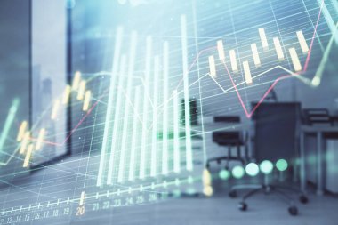 Ticaret masası banka ofisi iç arka planda stok piyasa şeması. Çift pozlama. Finansal analiz konsepti