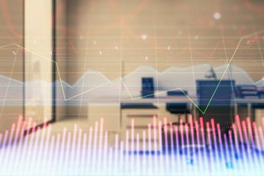 Ticaret masası banka ofisi iç arka planda stok piyasa şeması. Çift pozlama. Finansal analiz konsepti