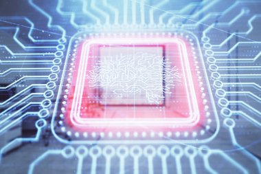 Arka planda ofis iç ile insan beyni çizim. Çift pozlama. Yenilik konsepti.