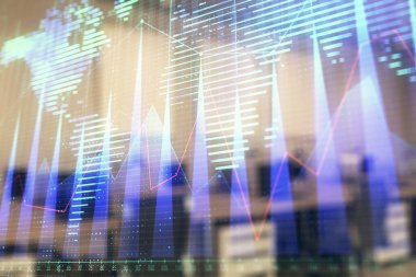 Stok ve tahvil piyasa grafik ve arka planda ticaret masası banka Ofisi İç ile dünya haritası. Çok pozlama. Uluslararası Finans konsepti