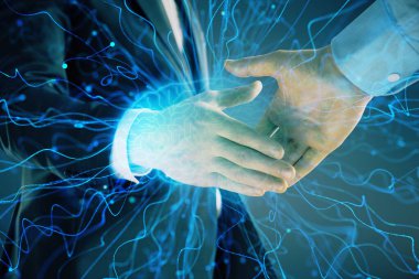 İki erkek el sıkışması ile soyut arka plan üzerinde insan beyni çizim Multi pozlama. İş içinde veri teknolojisi kavramı