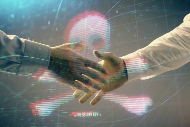 İki erkek el sıkışması ile soyut arka planda çizim Hack Multi pozlama. Veri siber korsanlık kavramı