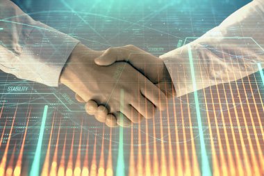 İki işadamı el sıkışması ile soyut arka planda Forex grafik Multi pozlama. Hisse senedi piyasasında başarı kavramı