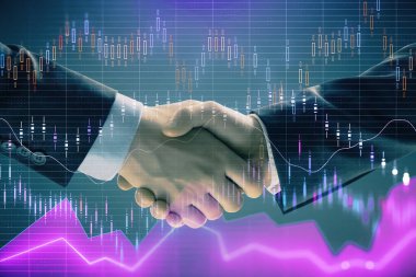 İki işadamı el sıkışması ile soyut arka planda Forex grafik Multi pozlama. Hisse senedi piyasasında başarı kavramı