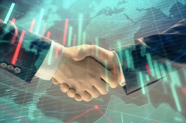 İki işadamı el sıkışması ile soyut arka plan üzerinde Forex grafik ve Dünya Haritası Multi pozlama. Uluslararası pazarlarda başarı konsepti