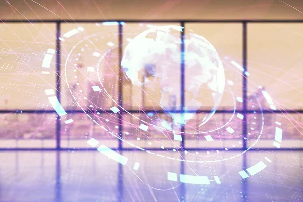 Boş oda içi arka planında dünya haritası çift pozlama. Uluslararası ağ kavramı.