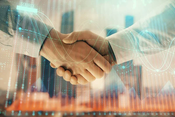 2人のビジネスマンの握手で都市景観の背景に金融グラフの二重露出。株式市場取引の概念 — ストック写真