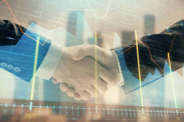 Double exposure of financial graph on cityscape background with two businessman handshake. Concept of stock market deal — Stock Photo, Image