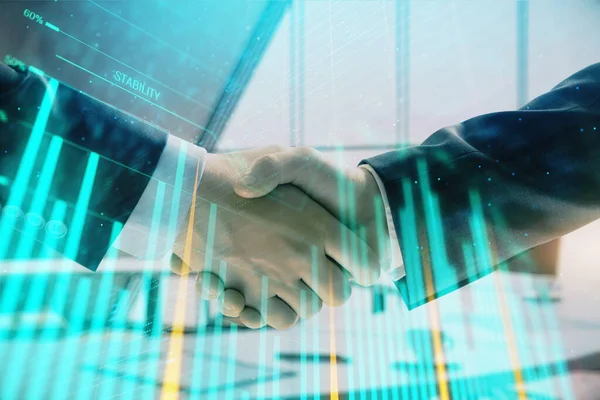 Multi exposure of financial graph on office background with two businessmen handshake. Concept of success in business — Stock Photo, Image